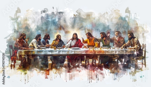 Watercolor painting of the last supper, Jesus sitting at head table with his disciples surrounding him on both sides of the long rectangular white dining room table. Soft clouds in background. photo