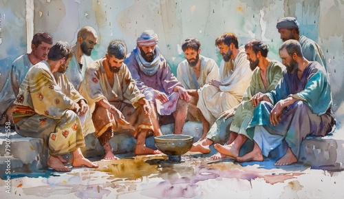 Watercolor art of Jesus washing the feet of his disciples, with soft and ethereal colors, creating a serene atmosphere with soft lighting.  © Алексей Василюк