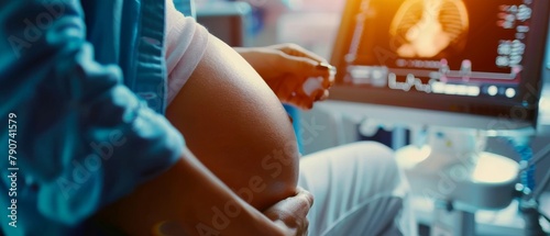 A Doctor performs Ultrasound / Sonogram procedure on a pregnant woman. Obstetrician moves the transducer on the woman's belly. photo