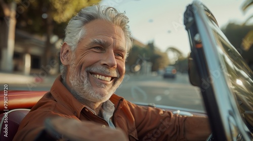 older man sits smiling convertible