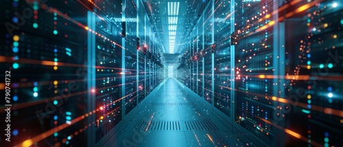 This is a picture of a working data center with rows of rack servers connected with Ethernet lines.