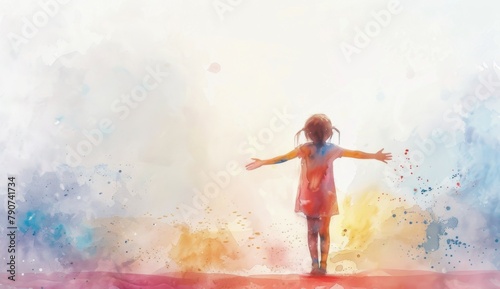A watercolor painting of a little girl standing with her arms outstretched. She is in the middle of an empty space with her back to us. S