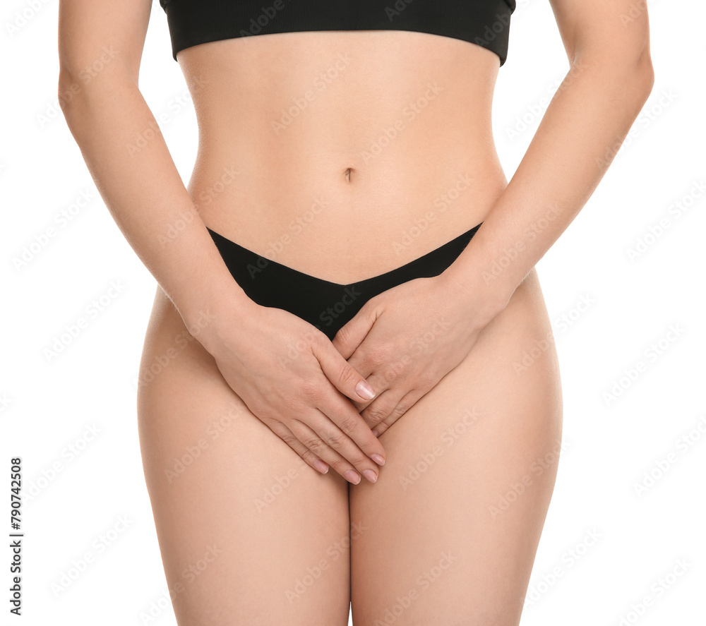 Gynecology. Woman in underwear on white background, closeup Gynecology. Woman in underwear on white background, closeup