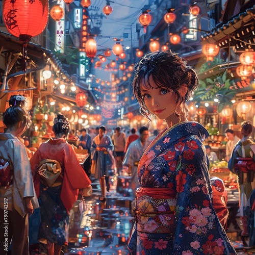 Vibrant Nighttime Market Scene in the Heart of Tokyo with Kimono Clad Figures