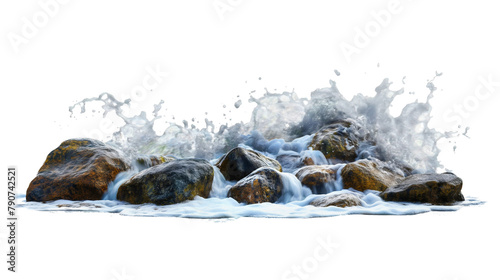 Sea or ocean water waves crashing into the rocks isolated on transparent background. Foam and splash, tropical spray crash on coast stone surface