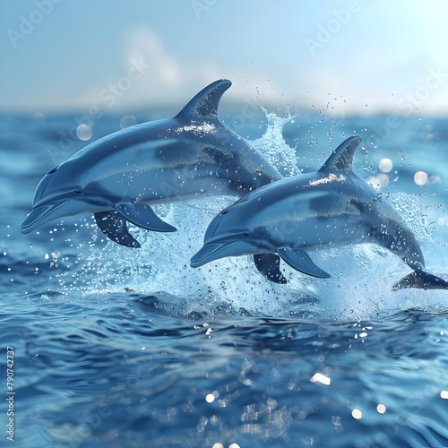 Joyful Dolphins Leaping Through Sparkling Seawater Under Brilliant Sunlight