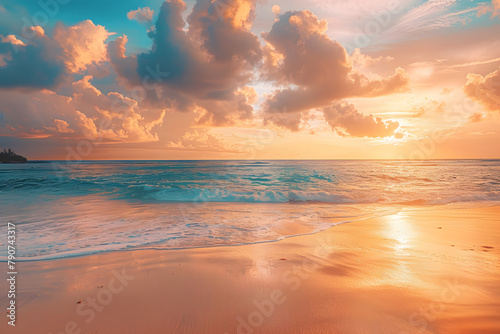 Closeup sea sand beach. Panoramic beach landscape. Inspire tropical beach seascape horizon. Orange and golden sunset sky calmness tranquil relaxing sunlight summer mood. Vacation travel holiday banner