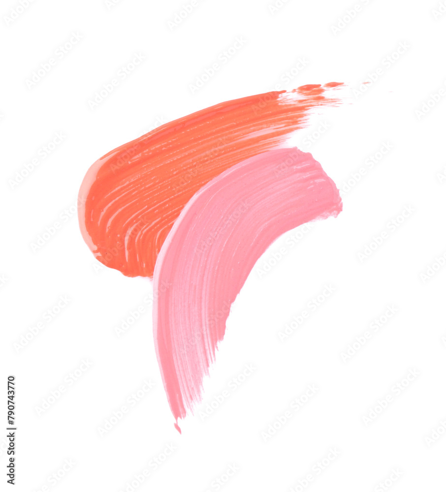 Strokes of color lip glosses isolated on white, top view Strokes of color lip glosses isolated on white, top view