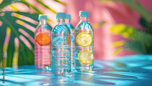 Three drinkware bottles of aqua with lemon slices on a table