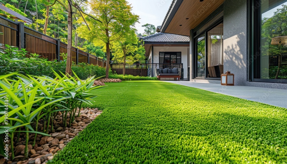 A house surrounded by a wellmaintained green lawn and trees A house surrounded by a wellmaintained green lawn and trees