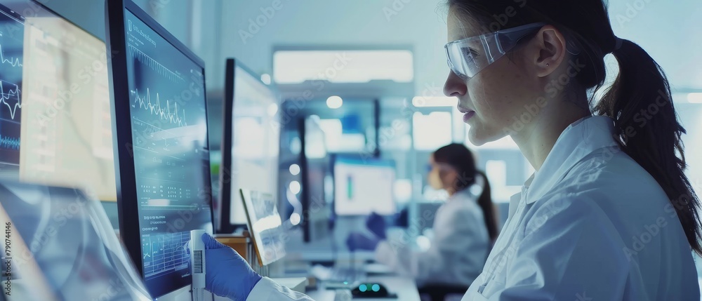 A team of researchers analyzes new generation drug test data on a computer. They work in a modern laboratory/medical center. A team of researchers analyzes new generation drug test data on a computer. They work in a modern laboratory/medical center.