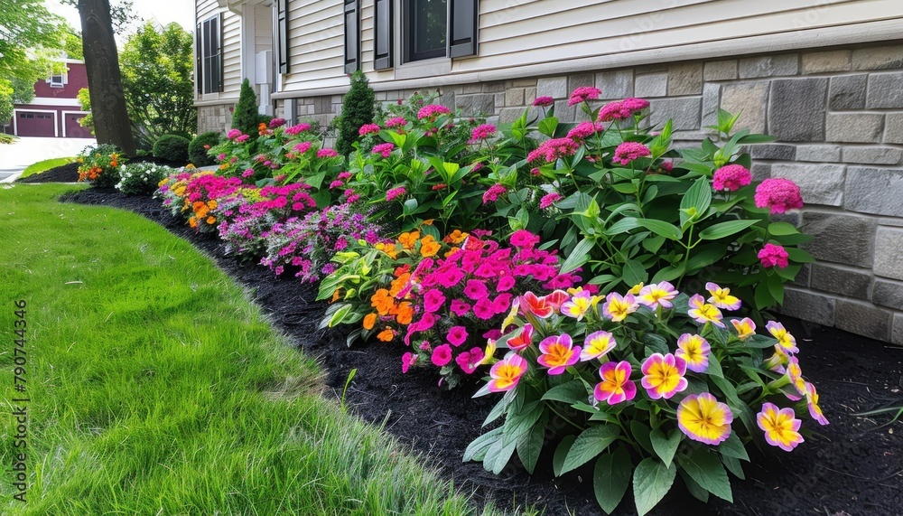 Colorful flowers line the front of the house, enhancing the landscape Colorful flowers line the front of the house, enhancing the landscape