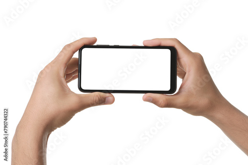 Man using smartphone with blank screen isolated on white, closeup. Mockup for design
