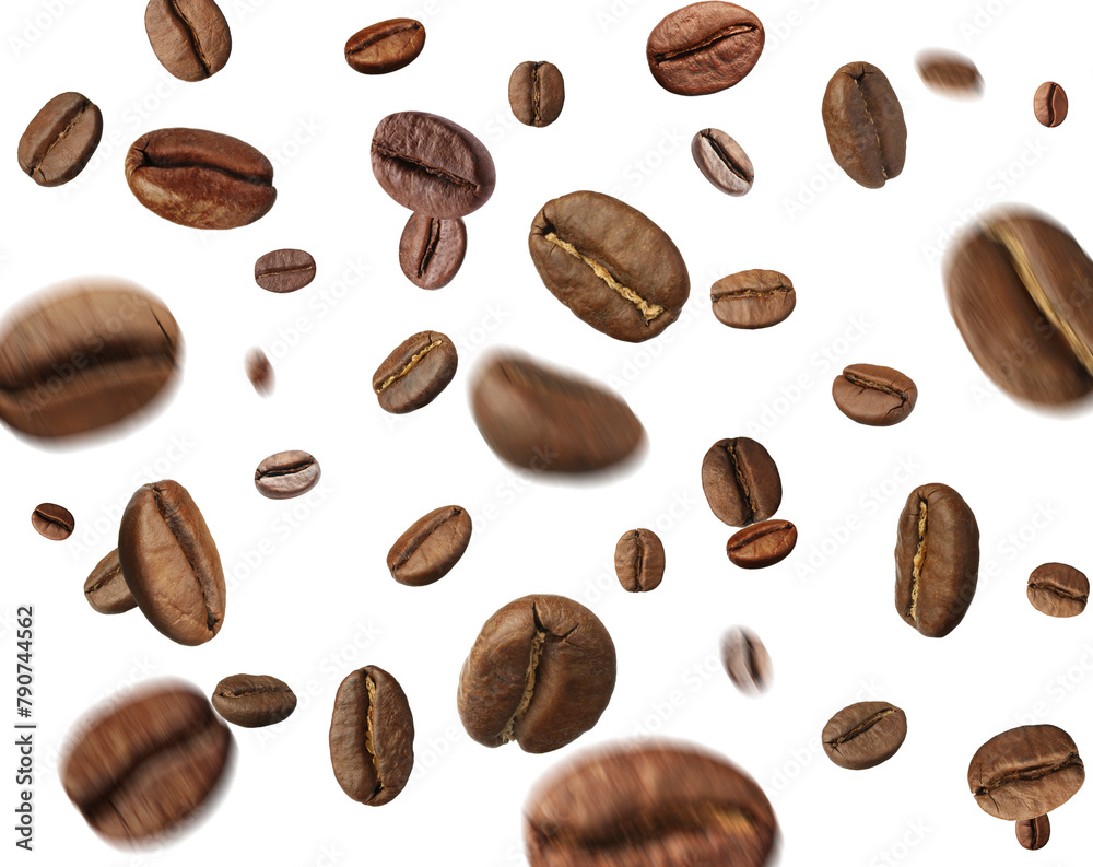 Roasted coffee beans falling on white background