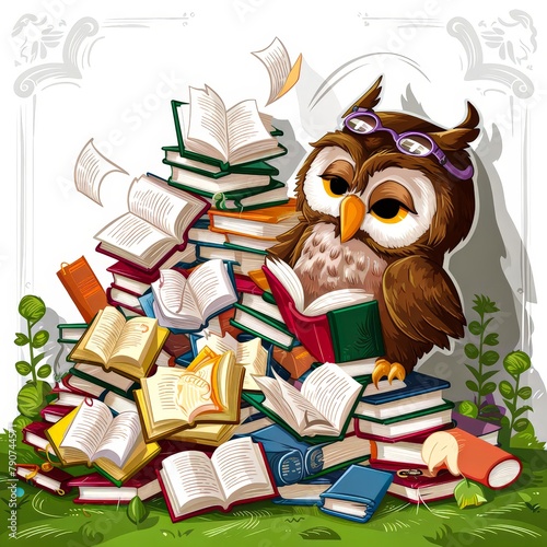 Happy owl sits on books, reading with glasses, Generative AI