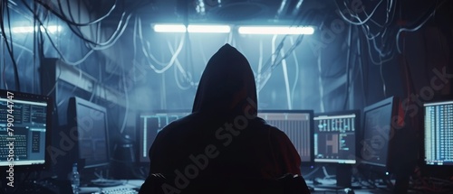 In this terrifying movie a dangerous hooded hacker breaks into government data servers, infects them with a virus, and hides in a dark environment with multiple displays and cables all over. photo