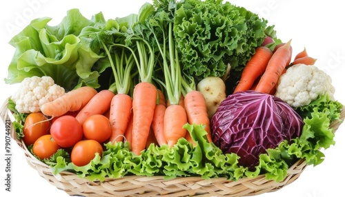 a basket filled with vegetables including carrots , lettuce , cabbage , tomatoes and cauliflower