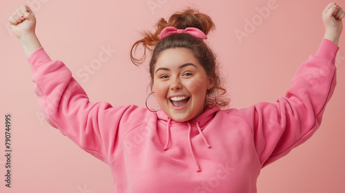 Young chubby overweight plus size big fat fit woman. isolated background. 