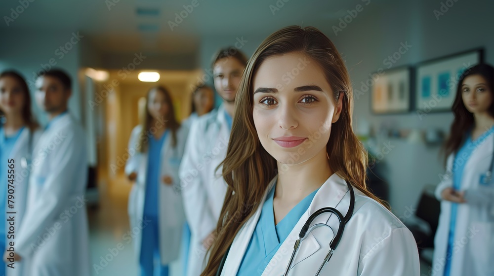 Attractive female doctor in front of medical group Attractive female doctor in front of medical group