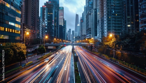 Cityscape of skyscrapers and tower blocks along an asphalt road at night