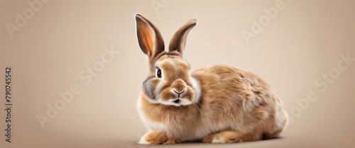 Illustration of a small rabbit with Easter eggs on a colored background.