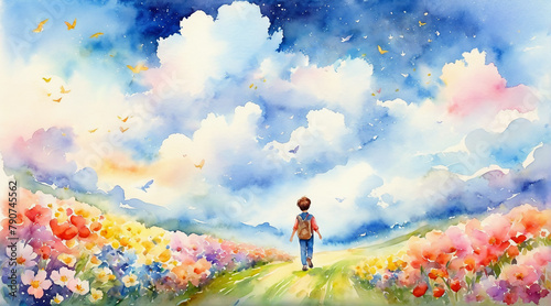 Young boy walking in a wide field surrounded by flowers blossom, watercolor painting style, generative AI.