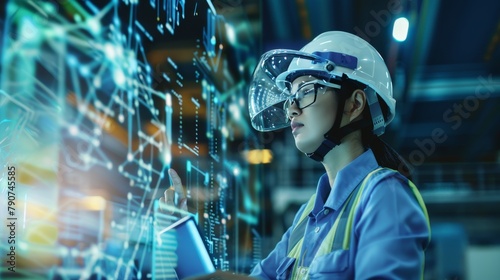 A woman engineer is wearing a protective helmet on her head, using tablet Analytics engineering data