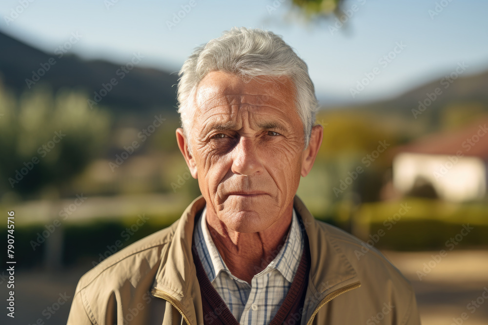 Serious Senior Man with Grey Hair in Countryside Setting