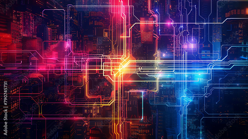 Vivid digital artwork depicting a futuristic cityscape intertwined with dynamic cybernetic patterns and glowing neon lights.
