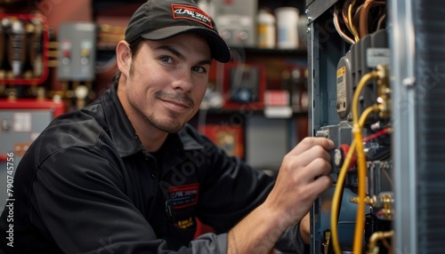 Man in baseball cap engineers machine, smiles in garage