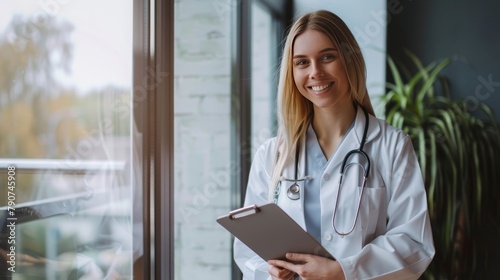 Cheerful millennial lady doctor in white coat, with stethoscope and clipboard standing next to window at clinic, hospital, copy space. Medical exam, health care consultation, prescription