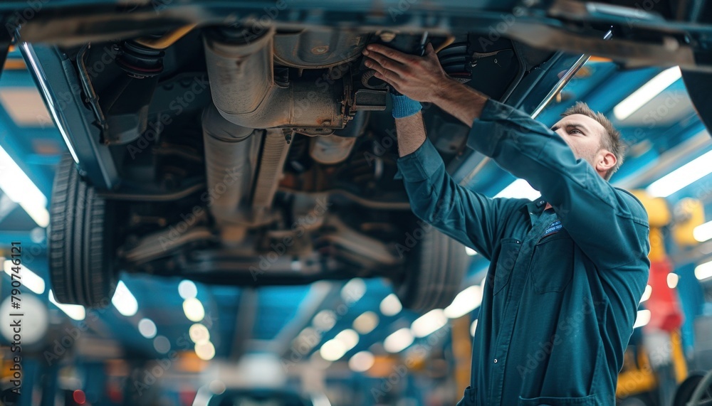 A man is working on a vehicle in a garage with an electric blue windshield A man is working on a vehicle in a garage with an electric blue windshield