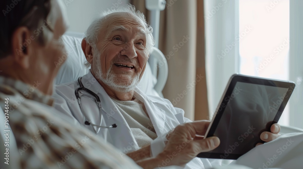 Confident specialist holding digital tablet and talking to old patient. Happy professional friendly doctor meeting elderly patient on a hospital bed and explaining health results Confident specialist holding digital tablet and talking to old patient. Happy professional friendly doctor meeting elderly patient on a hospital bed and explaining health results