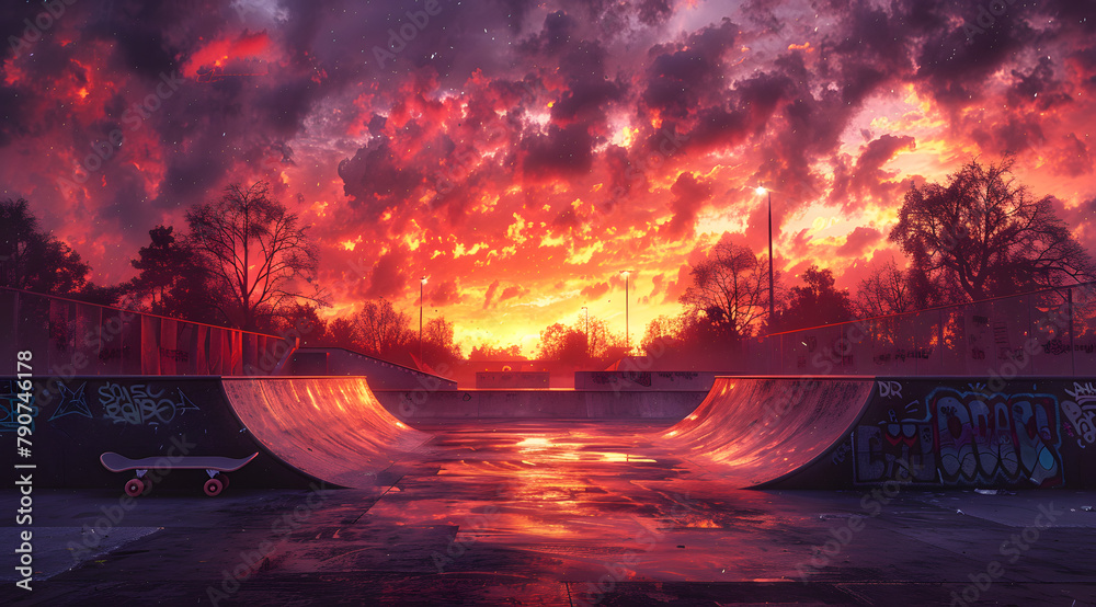 Urban Oasis: Watercolor Skate Park Alive with Graffiti Art at Sunset