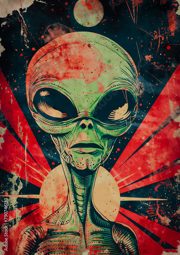 poster style vintage représentant un alien vert aux grands yeux, style années 90
