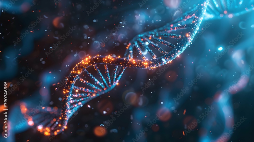 3D Rendering of a Glowing DNA Molecular genomes structure concept of biochemistry 3D Rendering of a Glowing DNA Molecular genomes structure concept of biochemistry