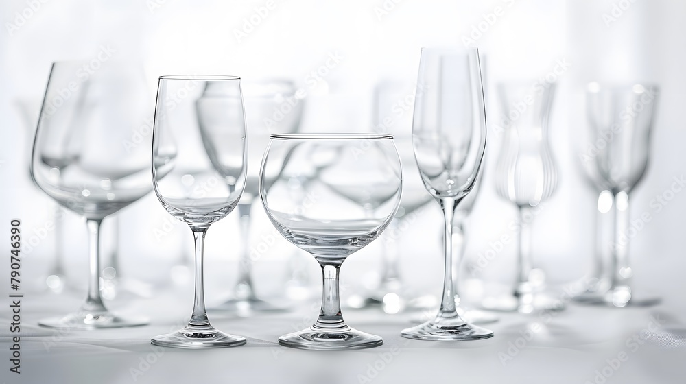 Closeup view of several transparent glasses on the white table Closeup view of several transparent glasses on the white table