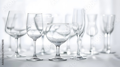 Closeup view of several transparent glasses on the white table