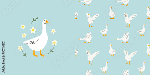 Cute goose seamless pattern. Adorable farm birds. Decor baby textile, wrapping paper, wallpaper design. Childish print for fabric. Vector cartoon flat isolated illustration