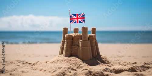 Sand castle on the coast with the flag of England. Generative AI. photo