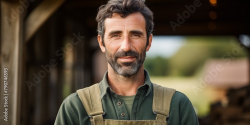 A portrait of a male farmer in overalls stands near his farm. Generative AI.