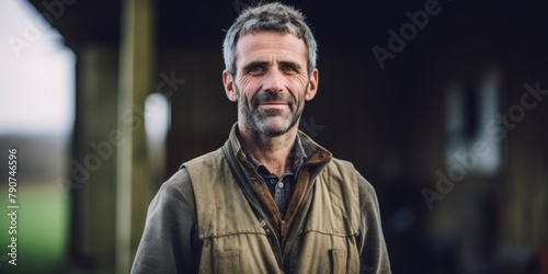 A portrait of a male farmer in overalls stands near his farm. Generative AI.