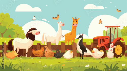 Cartoon farm animals in the farming background 2d f