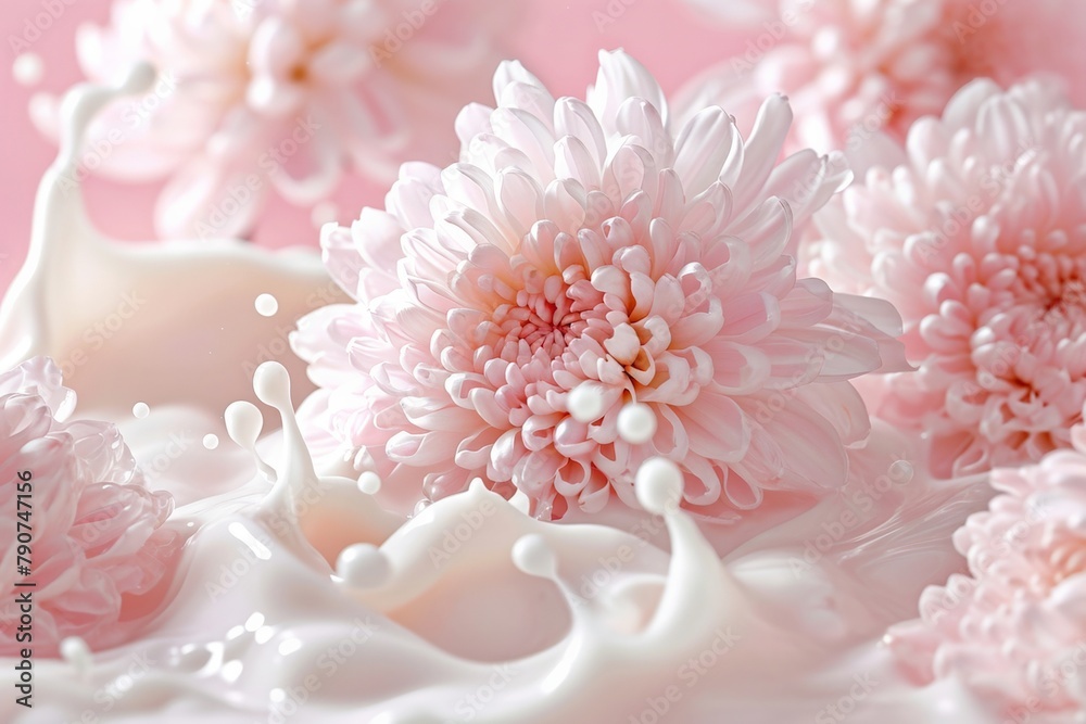 Elegant pink flowers and milk splashing on a pink background with white flowers in foreground Elegant pink flowers and milk splashing on a pink background with white flowers in foreground