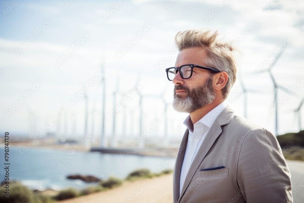 Businessman standing in front of wind turbine, ecology at work, clean energy. Generative AI. Businessman standing in front of wind turbine, ecology at work, clean energy. Generative AI.