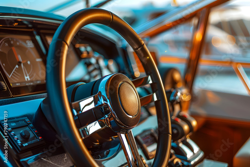 Close up of steering wheel on a luxury yacht.