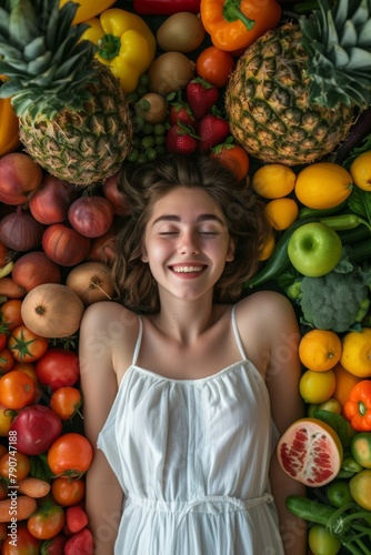 Young woman dressed in a dress lies among vegetables and fruits. Vegetarian food concept. Generative AI.