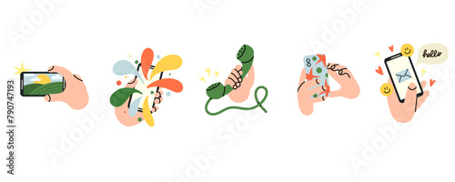 Hands with smartphones. Hand hold phone, Chatting, online shopping, making photo. Different application. Communication in app. Vintage and modern device vector cartoon flat style isolated illustration