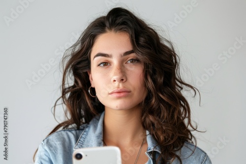 Image of a thinking dreaming young beautiful woman against white wall. Generative AI.