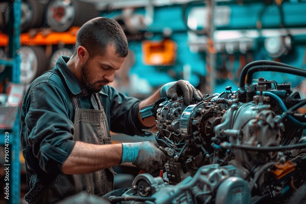 Man Repairing Car Engine in Garage Man Repairing Car Engine in Garage
